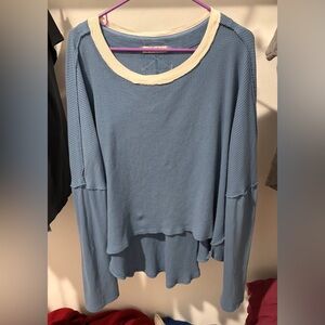 Free People Blue Waffle-Knit Layered Long Sleeve Top with Cream Neckline